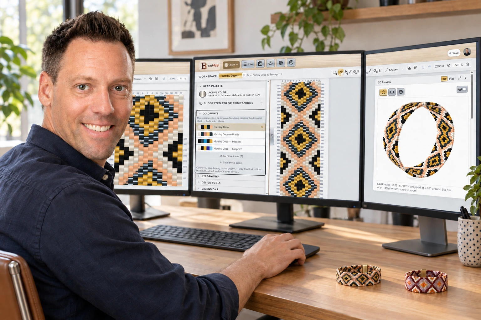 Illustration of Nathan Buchman at BeadApp monitors, with Gatsby Deco and Rose Quartz Deco beadwork on his desk